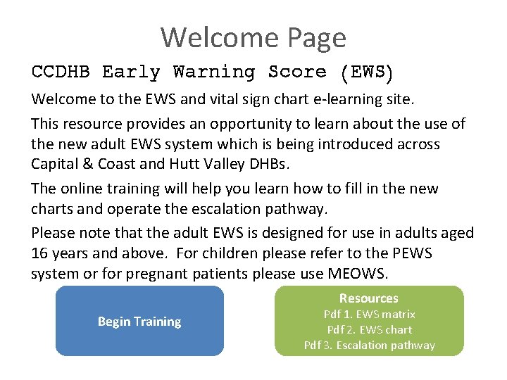 Welcome Page CCDHB Early Warning Score (EWS) Welcome to the EWS and vital sign Welcome Page CCDHB Early Warning Score (EWS) Welcome to the EWS and vital sign