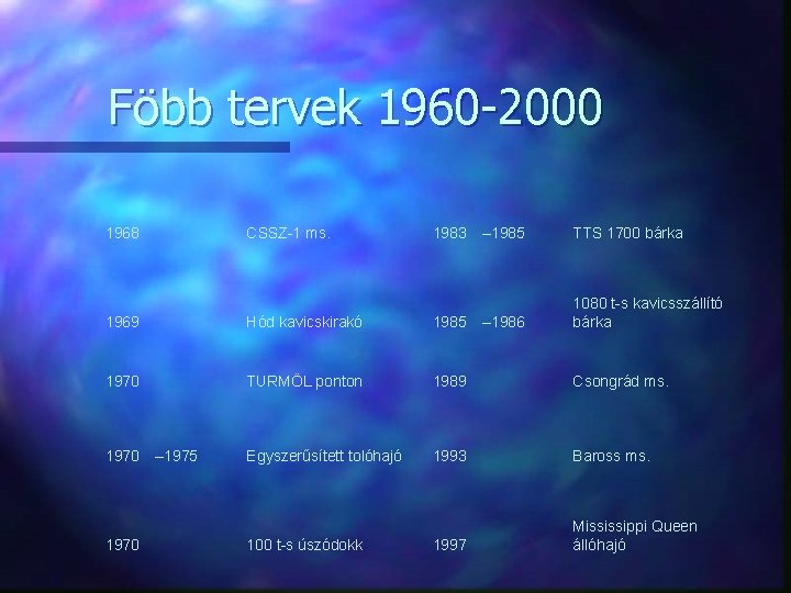 Föbb tervek 1960 -2000 1968 CSSZ-1 ms. 1983 – 1985 TTS 1700 bárka –