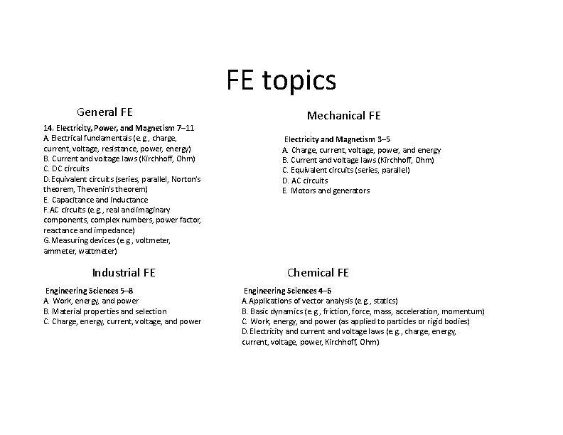 FE topics General FE 14. Electricity, Power, and Magnetism 7– 11 A. Electrical fundamentals