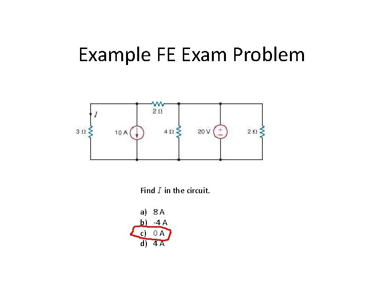 Example FE Exam Problem Find I in the circuit. a) b) c) d) 8