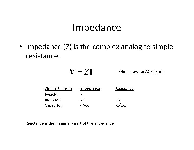 Impedance • Impedance (Z) is the complex analog to simple resistance. V ZI Circuit