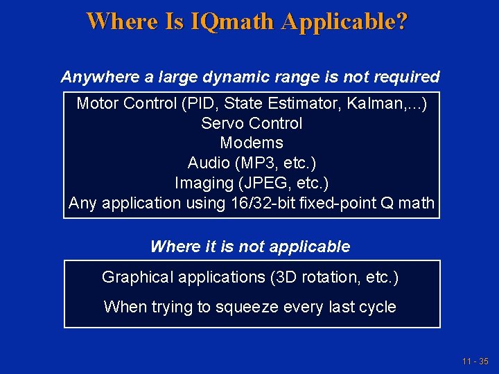 Where Is IQmath Applicable? Anywhere a large dynamic range is not required Motor Control Where Is IQmath Applicable? Anywhere a large dynamic range is not required Motor Control