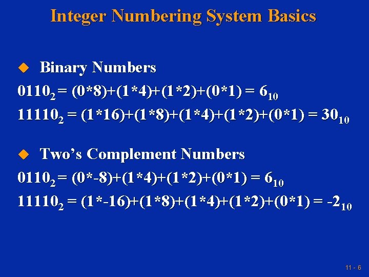 Integer Numbering System Basics Binary Numbers 01102 = (0*8)+(1*4)+(1*2)+(0*1) = 610 111102 = (1*16)+(1*8)+(1*4)+(1*2)+(0*1) Integer Numbering System Basics Binary Numbers 01102 = (0*8)+(1*4)+(1*2)+(0*1) = 610 111102 = (1*16)+(1*8)+(1*4)+(1*2)+(0*1)