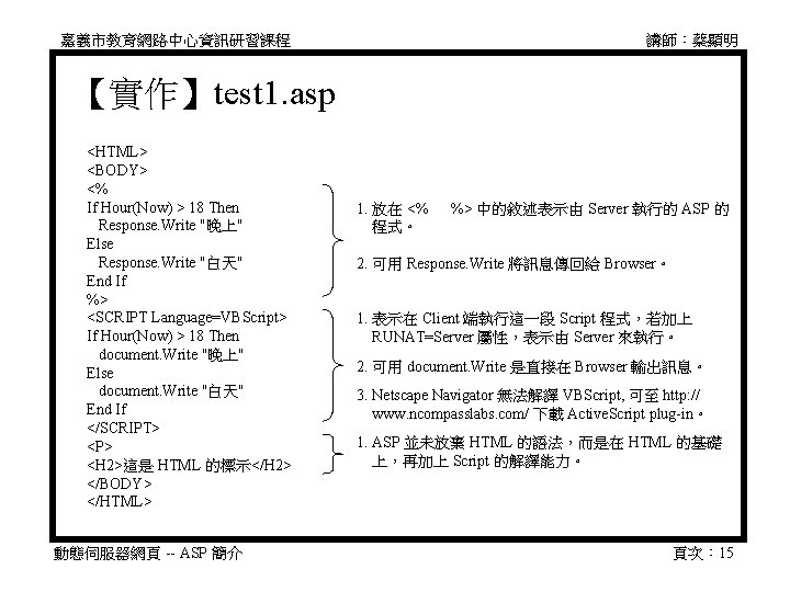 嘉義市教育網路中心資訊研習課程 講師：蔡顯明 【實作】test 1. asp <HTML> <BODY> <% If Hour(Now) > 18 Then Response.