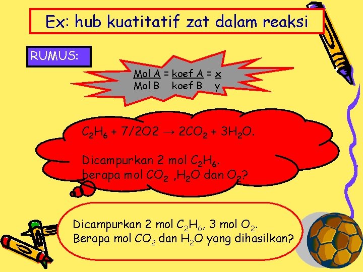 Ex: hub kuatitatif zat dalam reaksi RUMUS: Mol A = koef A = x