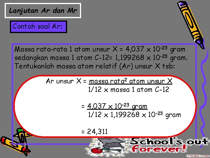 Lanjutan Ar dan Mr Contoh soal Ar: Massa rata-rata 1 atom unsur X =