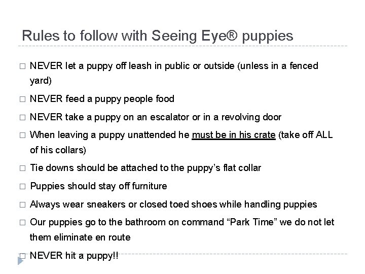 Rules to follow with Seeing Eye® puppies � NEVER let a puppy off leash