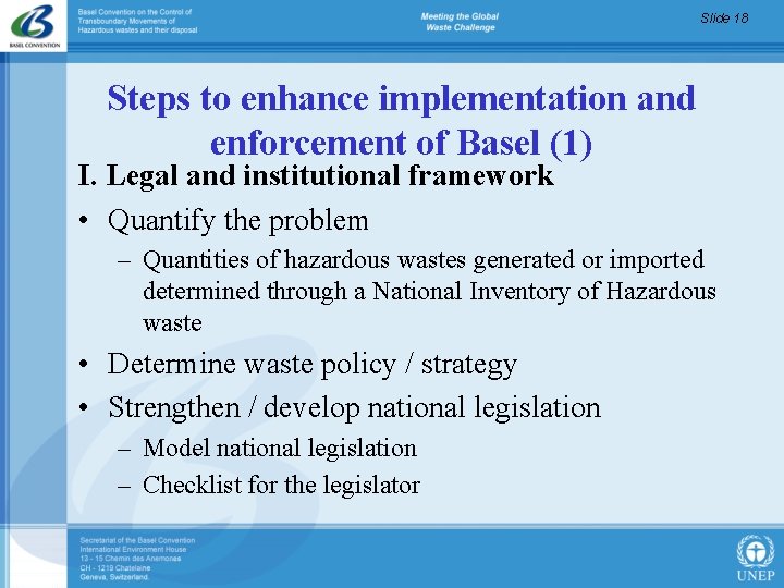 Slide 18 Steps to enhance implementation and enforcement of Basel (1) I. Legal and