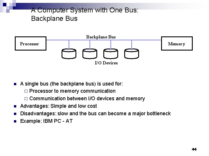 A Computer System with One Bus: Backplane Bus Processor Memory I/O Devices n n