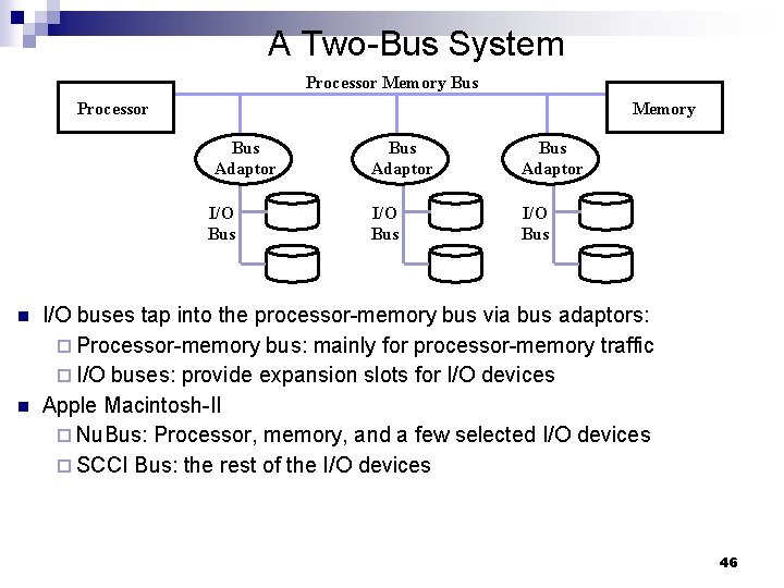 A Two-Bus System Processor Memory Bus Adaptor I/O Bus n n Bus Adaptor I/O