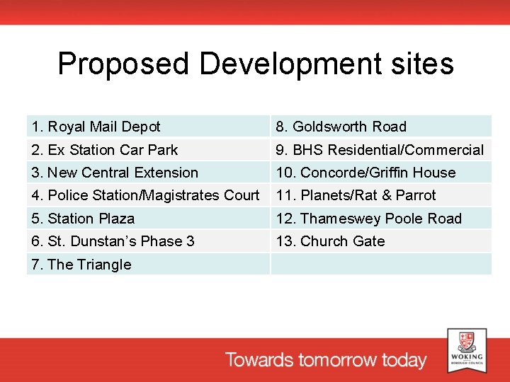 Proposed Development sites 1. Royal Mail Depot 8. Goldsworth Road 2. Ex Station Car
