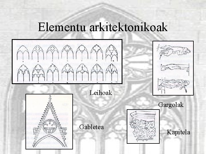 Elementu arkitektonikoak Leihoak Gargolak Gabletea Kapitela 