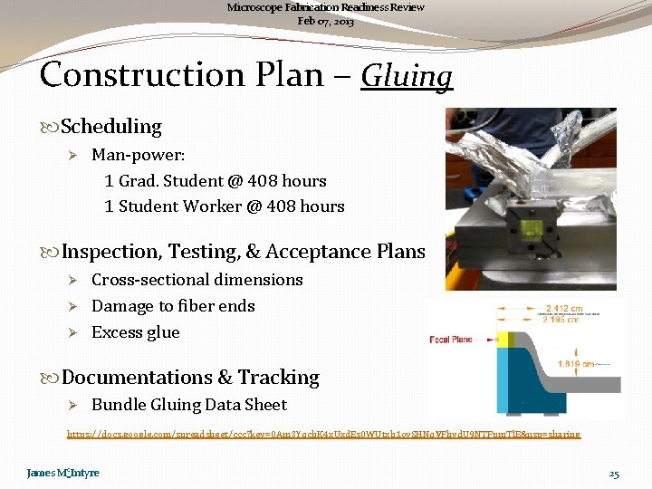 Microscope Fabrication Readiness Review Feb 07, 2013 Construction Plan – Gluing Scheduling Ø Man-power: