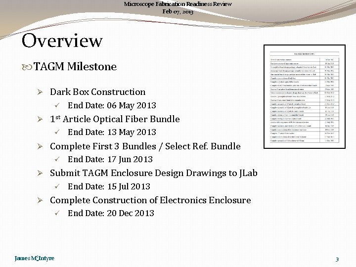 Microscope Fabrication Readiness Review Feb 07, 2013 Overview TAGM Milestone Ø Dark Box Construction