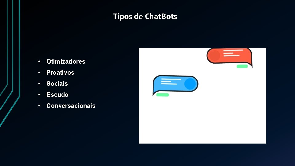 Tipos de Chat. Bots • Otimizadores • Proativos • Sociais • Escudo • Conversacionais