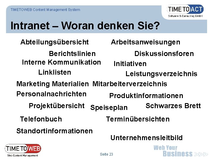 TIMETOWEB Content Management System Intranet – Woran denken Sie? Abteilungsübersicht Arbeitsanweisungen Berichtslinien Interne Kommunikation