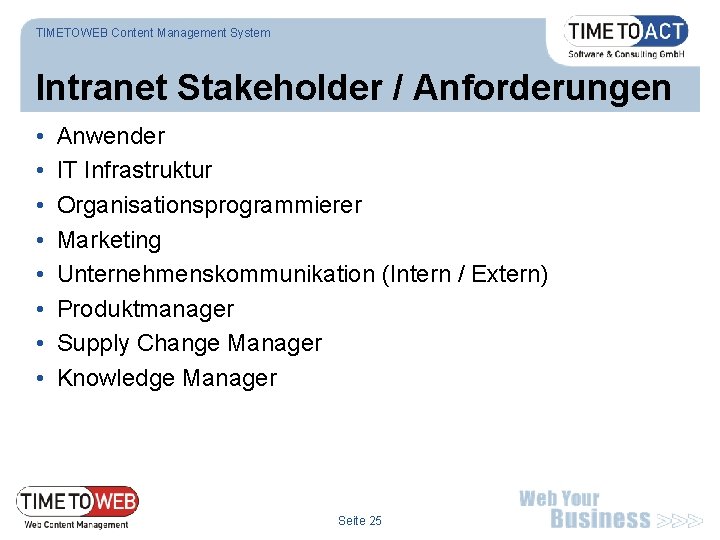 TIMETOWEB Content Management System Intranet Stakeholder / Anforderungen • • Anwender IT Infrastruktur Organisationsprogrammierer