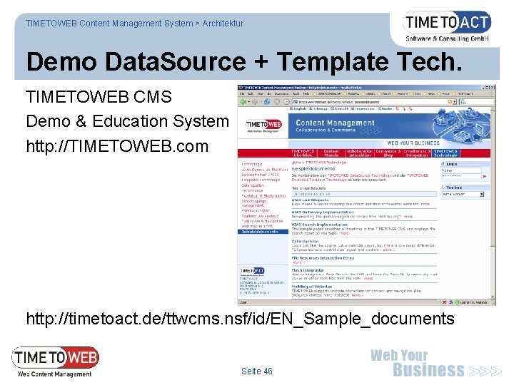 TIMETOWEB Content Management System > Architektur Demo Data. Source + Template Tech. TIMETOWEB CMS