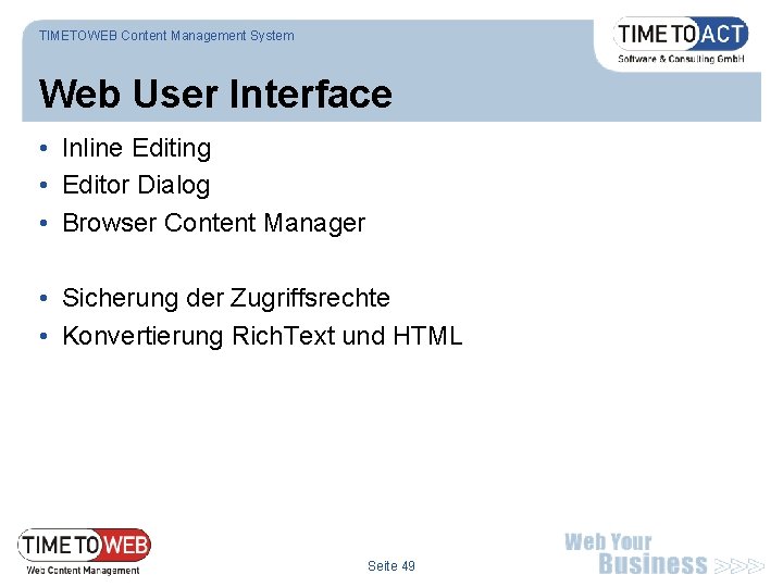 TIMETOWEB Content Management System Web User Interface • Inline Editing • Editor Dialog •