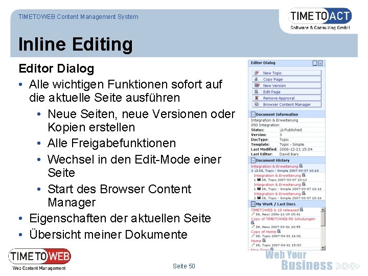 TIMETOWEB Content Management System Inline Editing Editor Dialog • Alle wichtigen Funktionen sofort auf