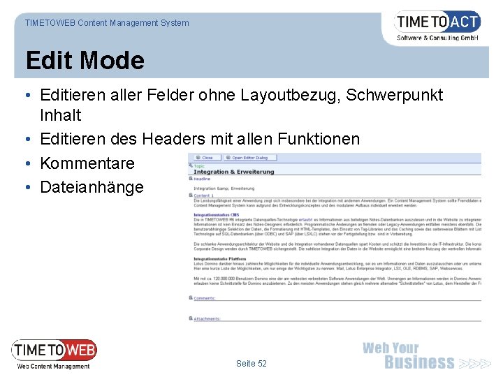 TIMETOWEB Content Management System Edit Mode • Editieren aller Felder ohne Layoutbezug, Schwerpunkt Inhalt