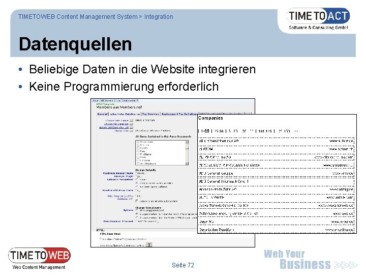 TIMETOWEB Content Management System > Integration Datenquellen • Beliebige Daten in die Website integrieren