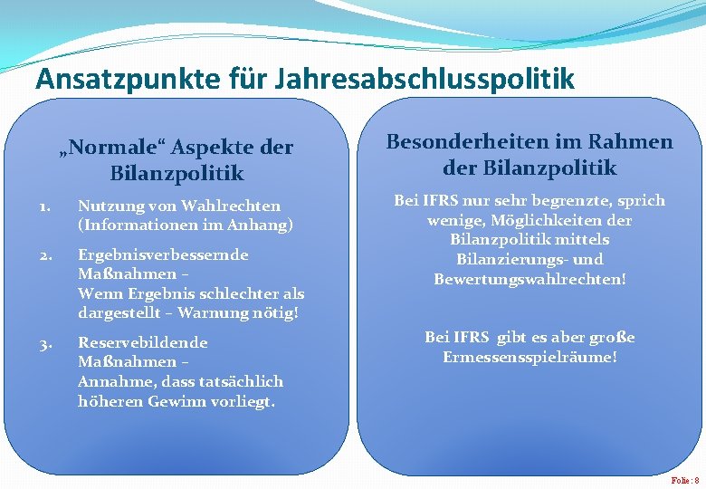 Ansatzpunkte für Jahresabschlusspolitik „Normale“ Aspekte der Bilanzpolitik 1. Nutzung von Wahlrechten (Informationen im Anhang)