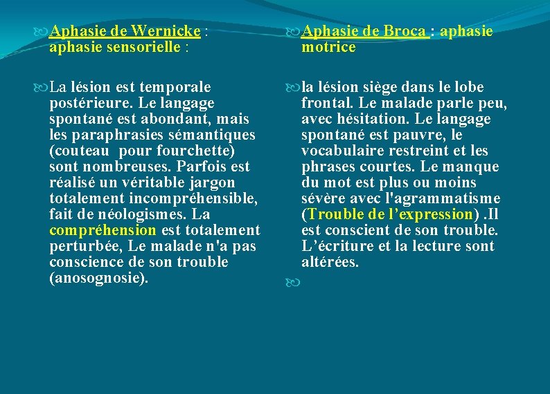  Aphasie de Wernicke : aphasie sensorielle : Aphasie de Broca : aphasie motrice