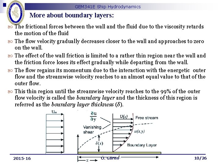 GEM 341 E Ship Hydrodynamics More about boundary layers: The frictional forces between the