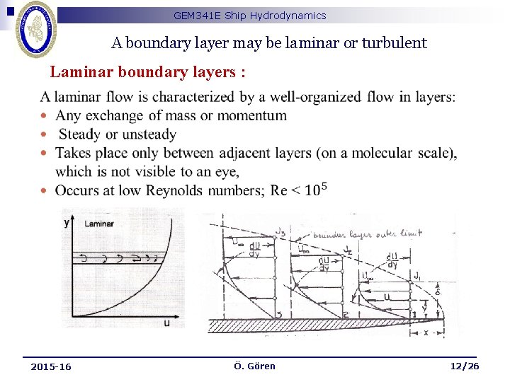 GEM 341 E Ship Hydrodynamics A boundary layer may be laminar or turbulent Laminar