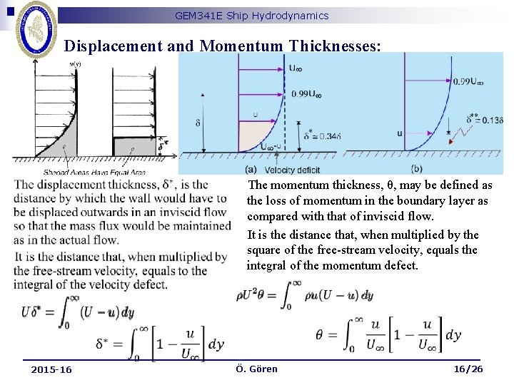 GEM 341 E Ship Hydrodynamics Displacement and Momentum Thicknesses: The momentum thickness, θ, may