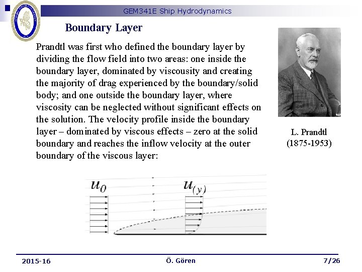 GEM 341 E Ship Hydrodynamics Boundary Layer Prandtl was first who defined the boundary