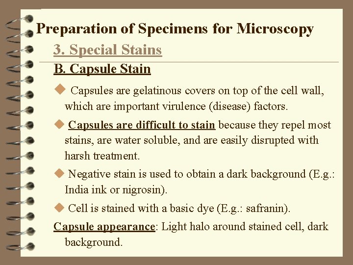 Preparation of Specimens for Microscopy 3. Special Stains B. Capsule Stain u Capsules are