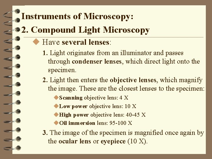 Instruments of Microscopy: 2. Compound Light Microscopy u Have several lenses: 1. Light originates