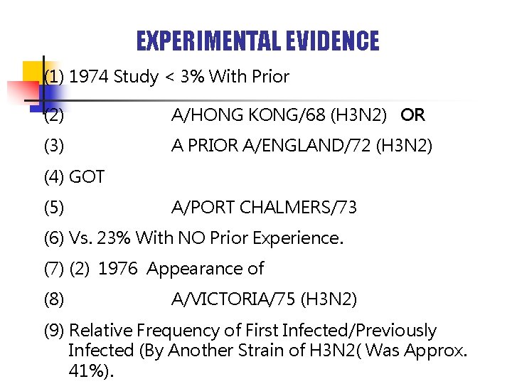 EXPERIMENTAL EVIDENCE (1) 1974 Study < 3% With Prior (2) A/HONG KONG/68 (H 3