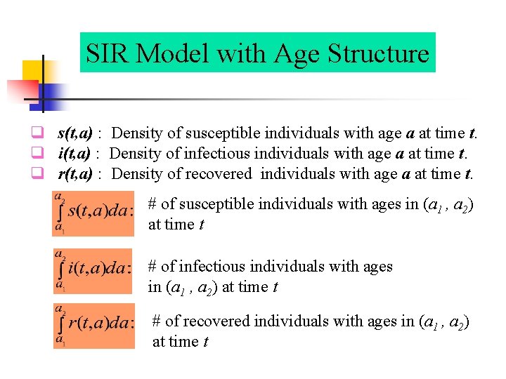 SIR Model with Age Structure q s(t, a) : Density of susceptible individuals with