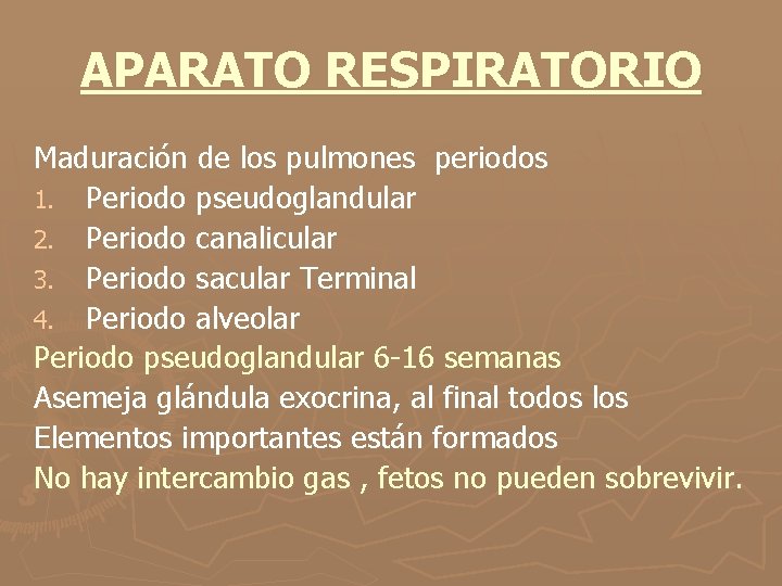 APARATO RESPIRATORIO Maduración de los pulmones periodos 1. Periodo pseudoglandular 2. Periodo canalicular 3.