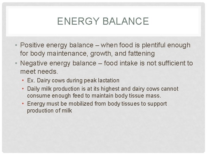 ENERGY BALANCE • Positive energy balance – when food is plentiful enough for body