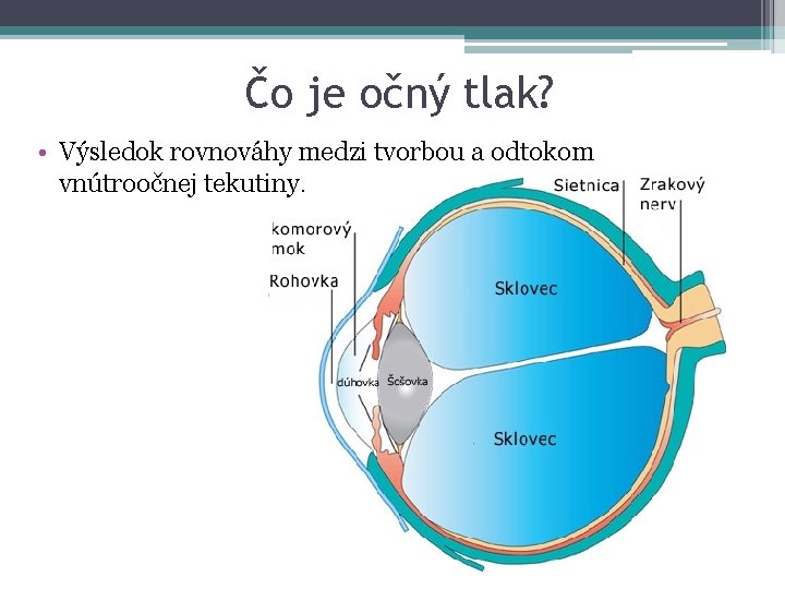 Čo je očný tlak? • Výsledok rovnováhy medzi tvorbou a odtokom vnútroočnej tekutiny. 