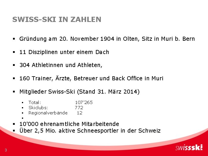 SWISS-SKI IN ZAHLEN § Gründung am 20. November 1904 in Olten, Sitz in Muri SWISS-SKI IN ZAHLEN § Gründung am 20. November 1904 in Olten, Sitz in Muri