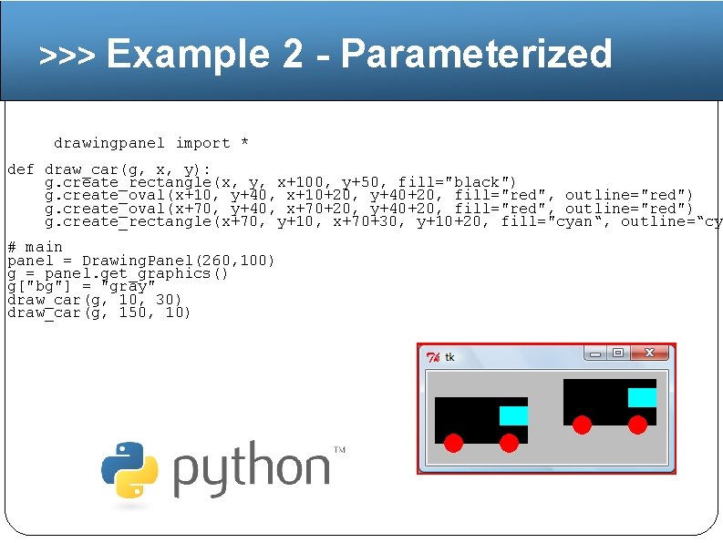 >>> Example 2 - Parameterized from drawingpanel import * def draw_car(g, x, y): g.