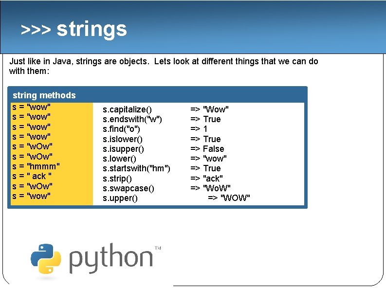 >>> strings Just like in Java, strings are objects. Lets look at different things