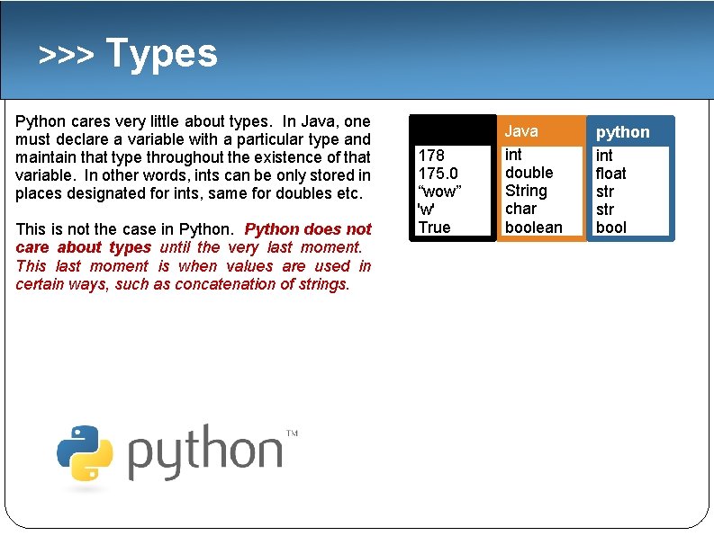 >>> Types Python cares very little about types. In Java, one must declare a