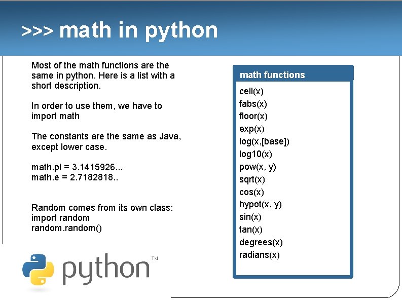 >>> math in python Most of the math functions are the same in python.
