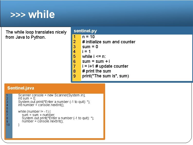 >>> while The while loop translates nicely from Java to Python. sentinel. py 1