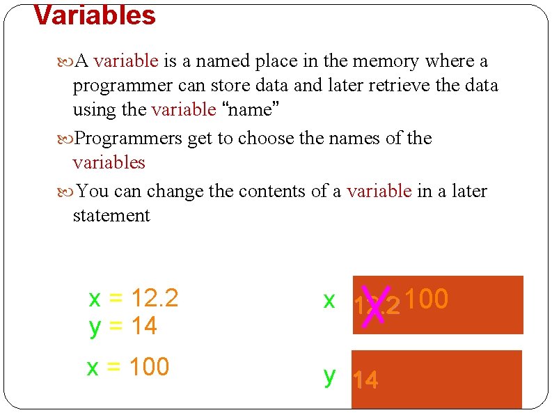 Variables A variable is a named place in the memory where a programmer can