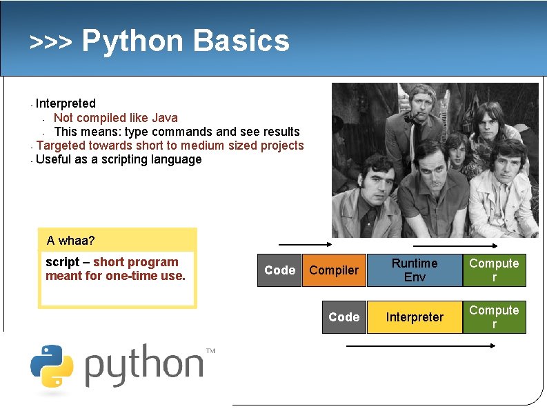 >>> Python Basics Interpreted • Not compiled like Java • This means: type commands