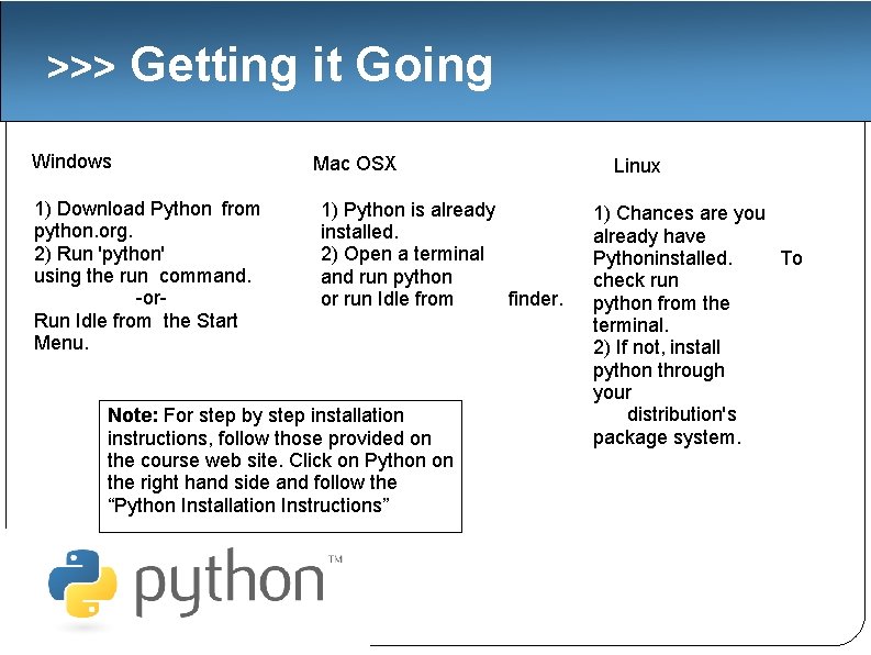 >>> Getting it Going Windows 1) Download Python from python. org. 2) Run 'python'