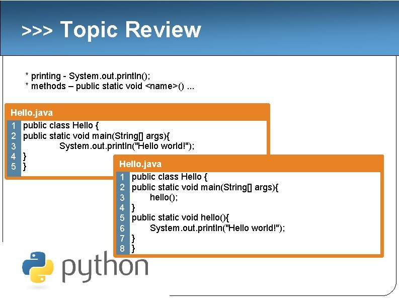 >>> Topic Review * printing - System. out. println(); * methods – public static