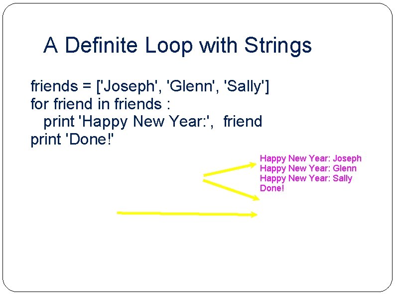 A Definite Loop with Strings friends = ['Joseph', 'Glenn', 'Sally'] for friend in friends